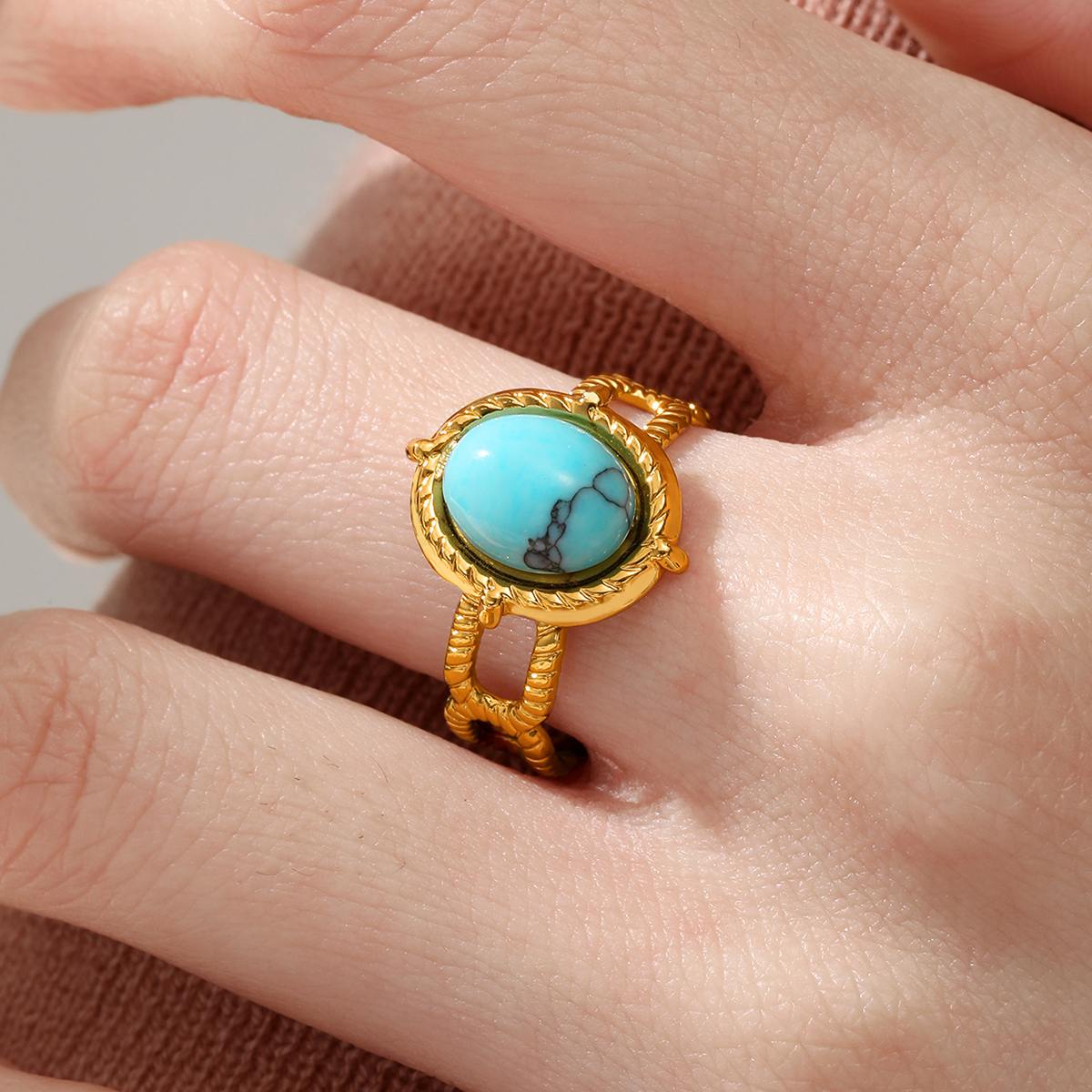 201 Stainless Steel 18K Gold Plated Vintage Style Inlay Round Square Turquoise Open Ring display picture 18