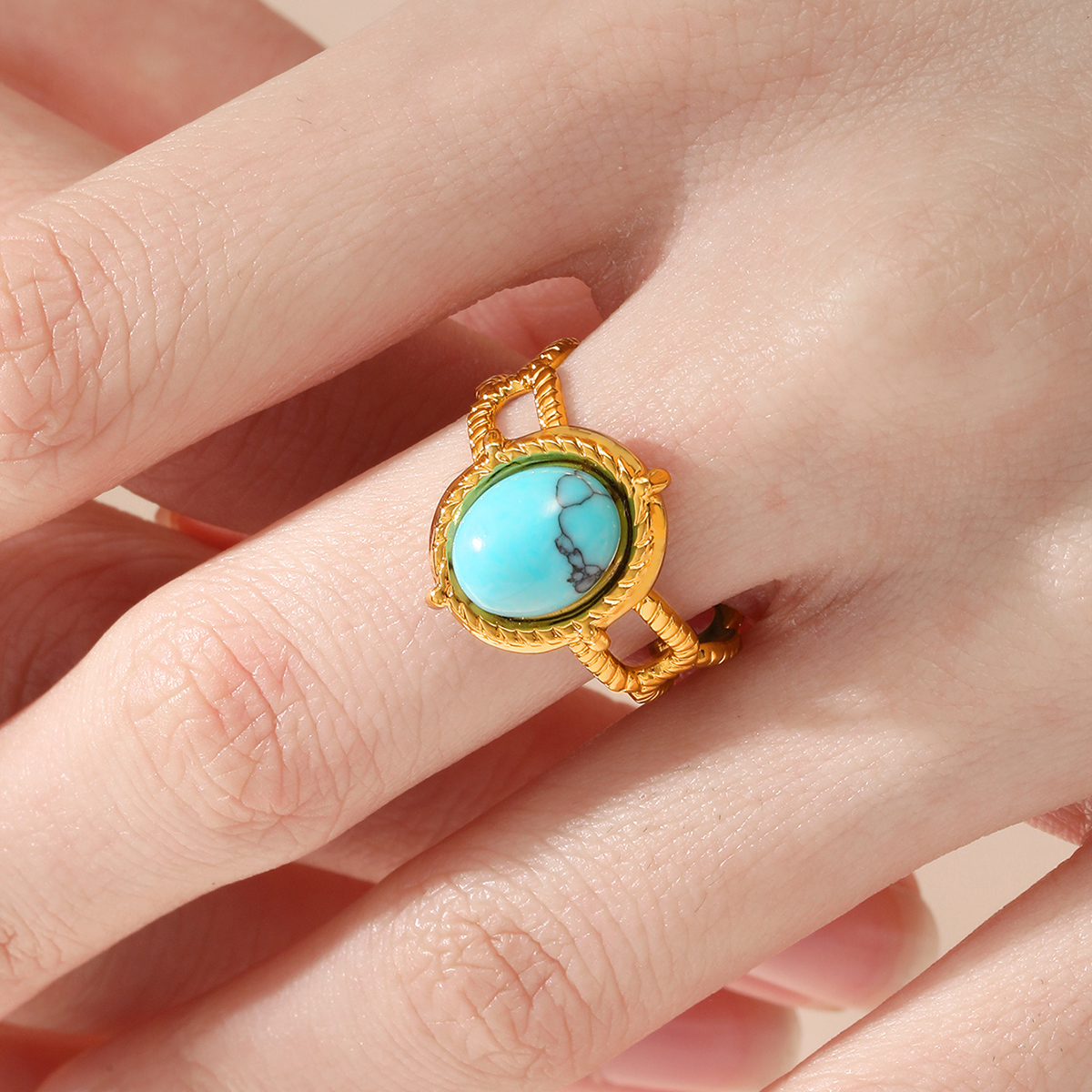 201 Stainless Steel 18K Gold Plated Vintage Style Inlay Round Square Turquoise Open Ring display picture 19