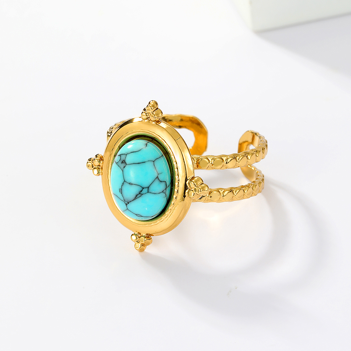 201 Stainless Steel 18K Gold Plated Vintage Style Inlay Round Square Turquoise Open Ring display picture 23