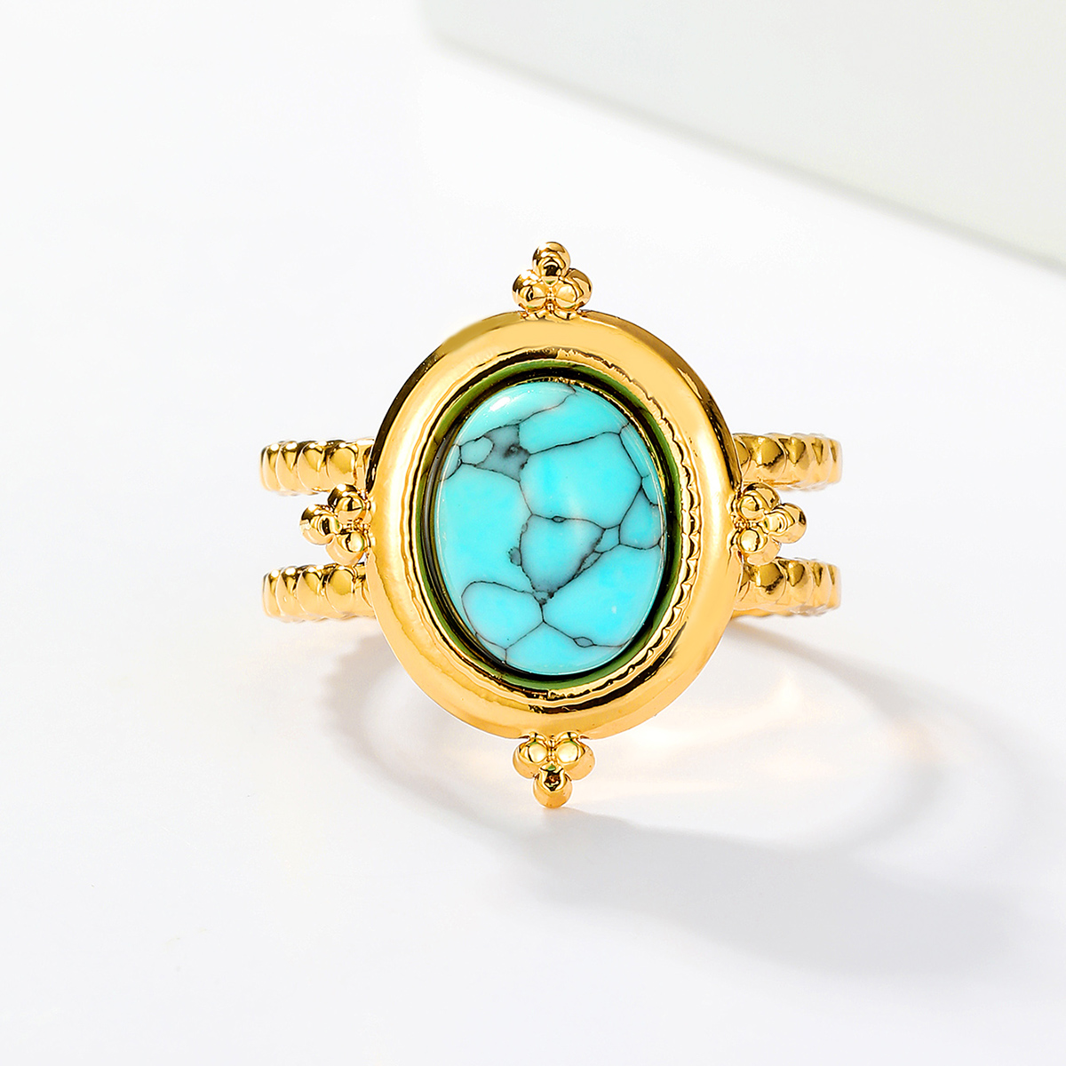 201 Stainless Steel 18K Gold Plated Vintage Style Inlay Round Square Turquoise Open Ring display picture 21