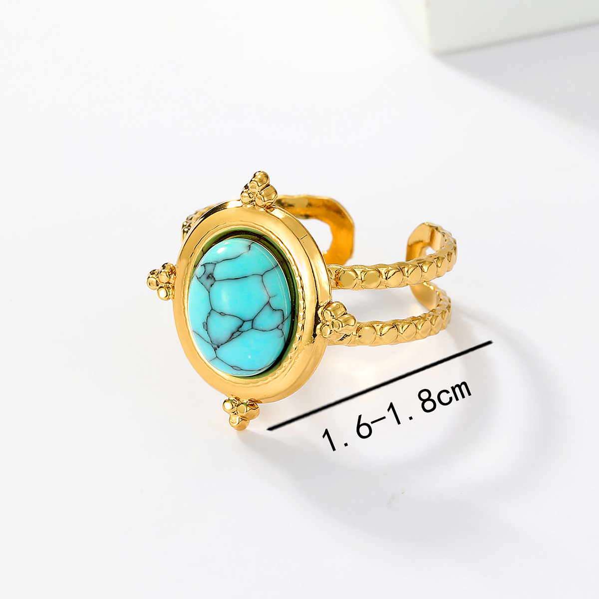 201 Stainless Steel 18K Gold Plated Vintage Style Inlay Round Square Turquoise Open Ring display picture 20