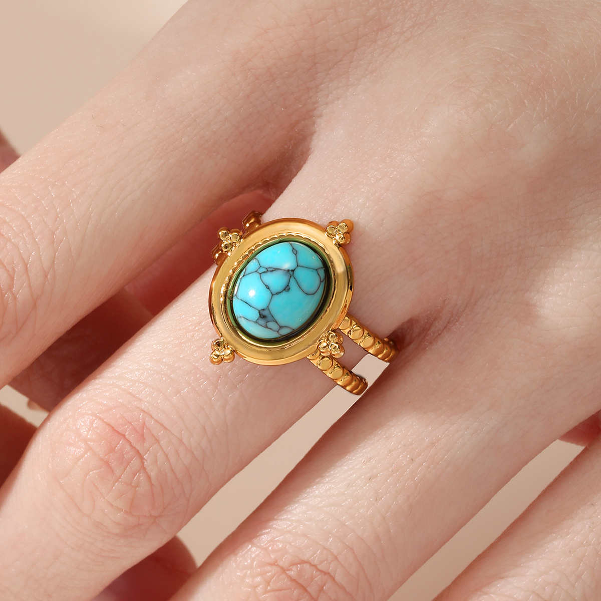 201 Stainless Steel 18K Gold Plated Vintage Style Inlay Round Square Turquoise Open Ring display picture 24