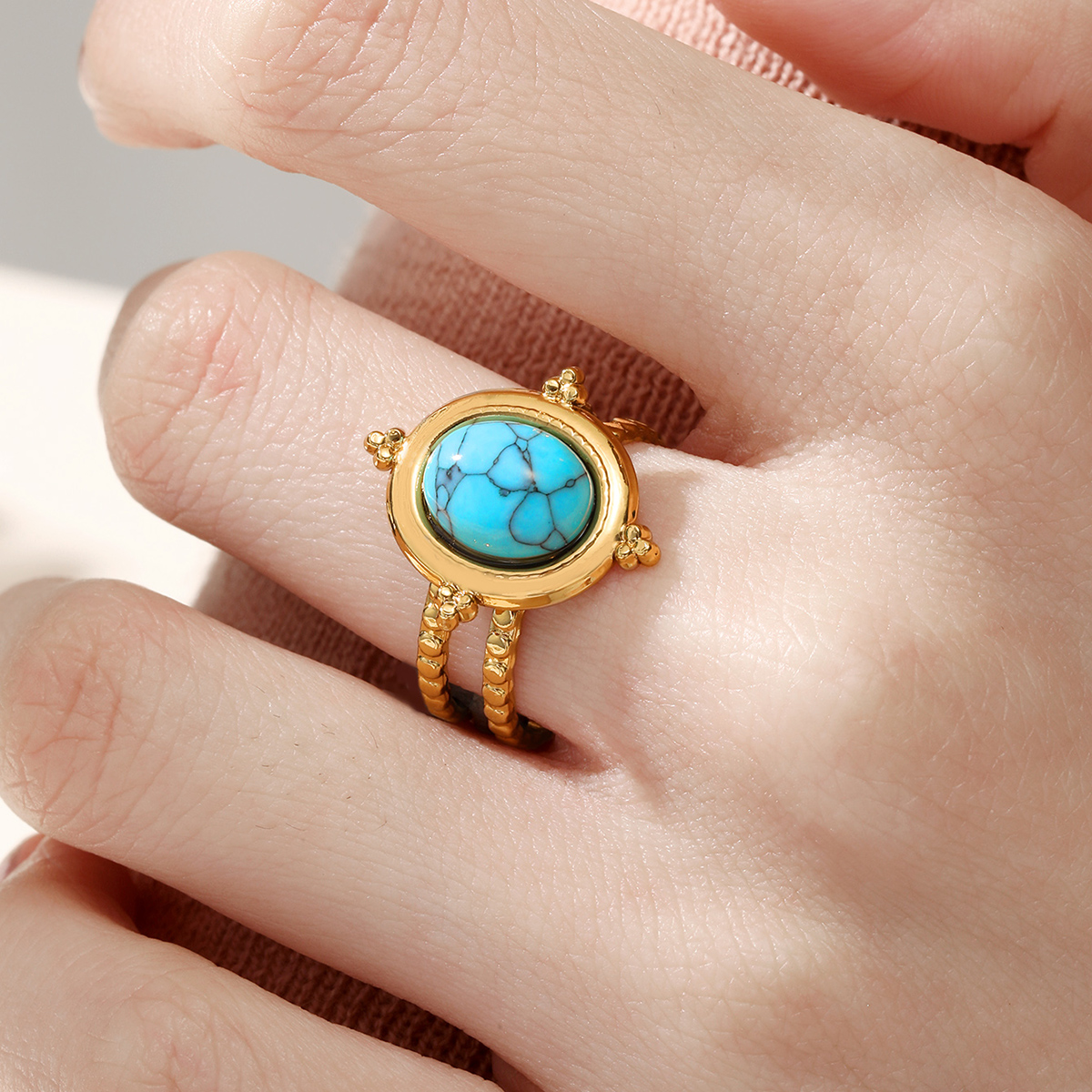201 Stainless Steel 18K Gold Plated Vintage Style Inlay Round Square Turquoise Open Ring display picture 22