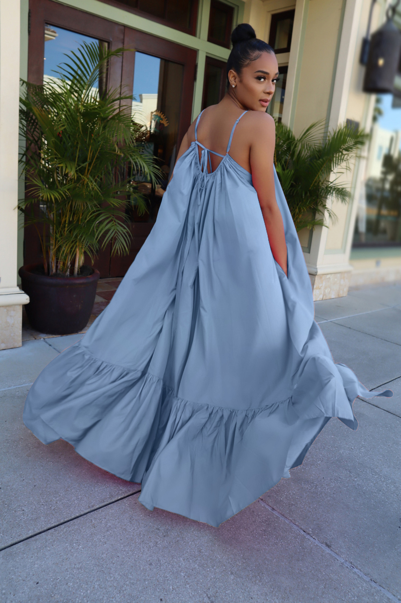 Frau Swing-kleid Einfacher Stil V-ausschnitt Gurt Falten Einfarbig Maxi Langes Kleid Täglich display picture 7