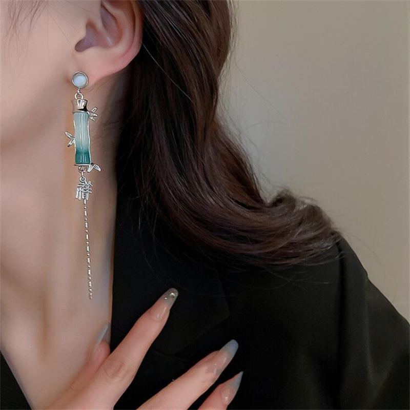 Wholesale Jewelry 1 Pair Chinoiserie Bamboo Alloy Opal Silver Plated Drop Earrings display picture 2