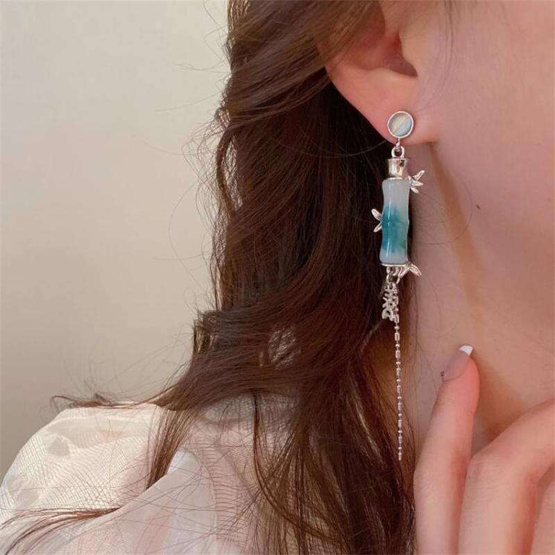 Wholesale Jewelry 1 Pair Chinoiserie Bamboo Alloy Opal Silver Plated Drop Earrings display picture 4