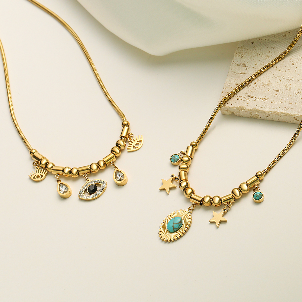 1 Piece Retro Star Eye Copper Plating Inlay Turquoise Zircon 18k Gold Plated Pendant Necklace display picture 4