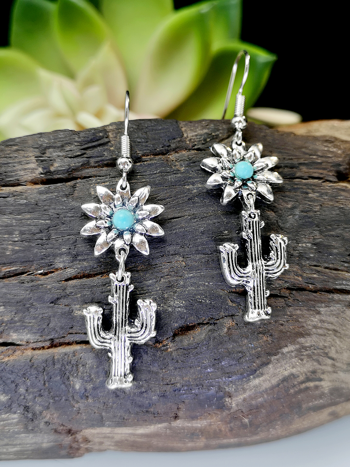 Wholesale Jewelry 1 Pair Ethnic Style Cactus Flower Metal Turquoise Silver Plated Drop Earrings display picture 3