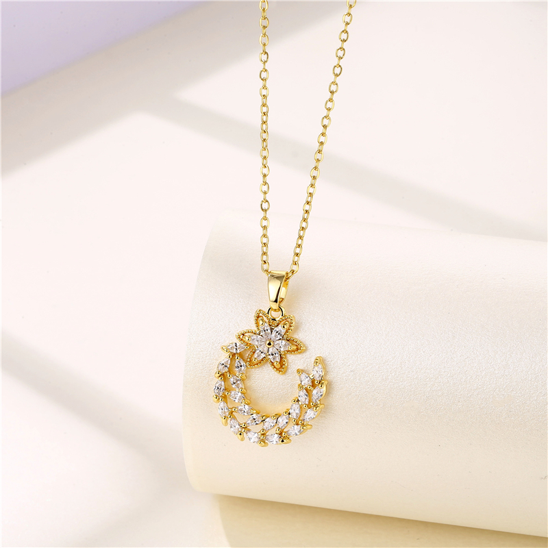 Stainless Steel Titanium Steel 18K Gold Plated INS Style Plating Inlay Sun Heart Shape Whale Zircon Pendant Necklace display picture 9