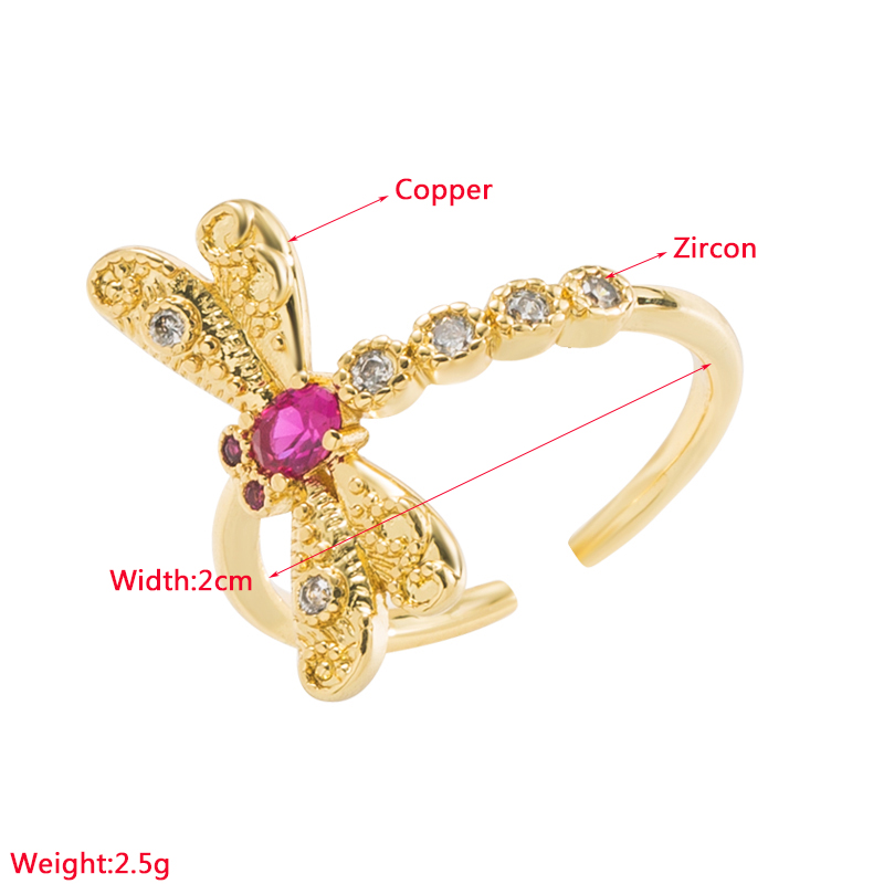 Baroque Style Dragonfly Copper Plating Inlay Zircon Gold Plated Open Ring display picture 1