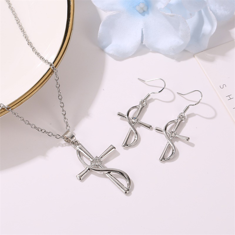 Simple Style Cross Imitation Diamond Alloy Plating Inlay Artificial Diamond Silver Plated Women's Jewelry Set display picture 6