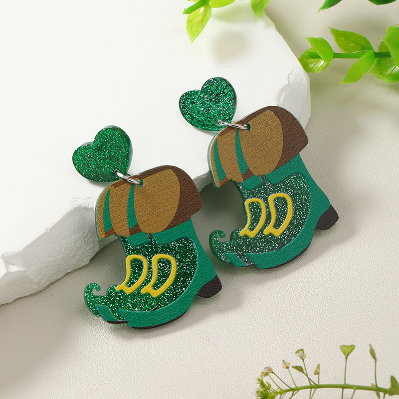 1 Pair Casual Shamrock Heart Shape Boots Arylic St. Patrick Women's Drop Earrings display picture 2