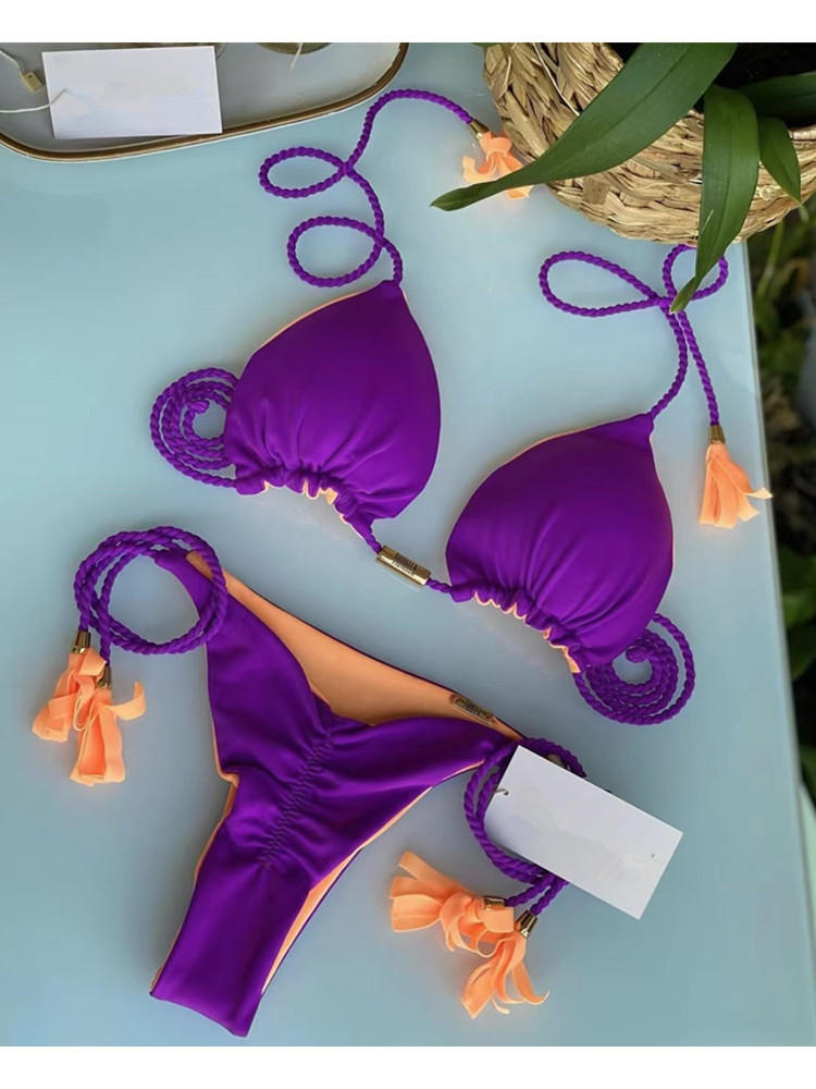 Mujeres Patrón De Contraste De Color A Juego Juego De 2 Piezas Bikinis Traje De Baño display picture 3