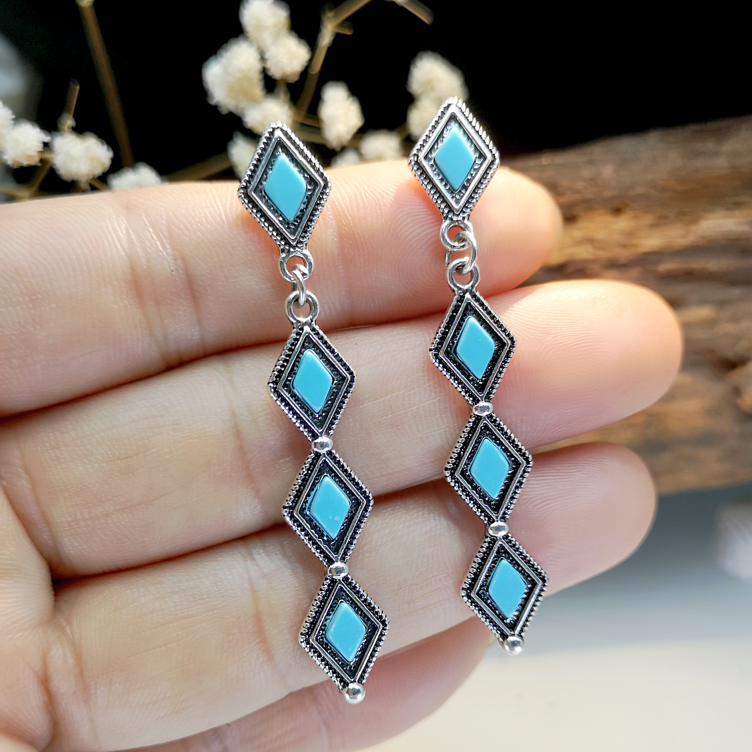 Wholesale Jewelry 1 Pair Classical Ethnic Style Rhombus Metal Turquoise Silver Plated Drop Earrings display picture 2