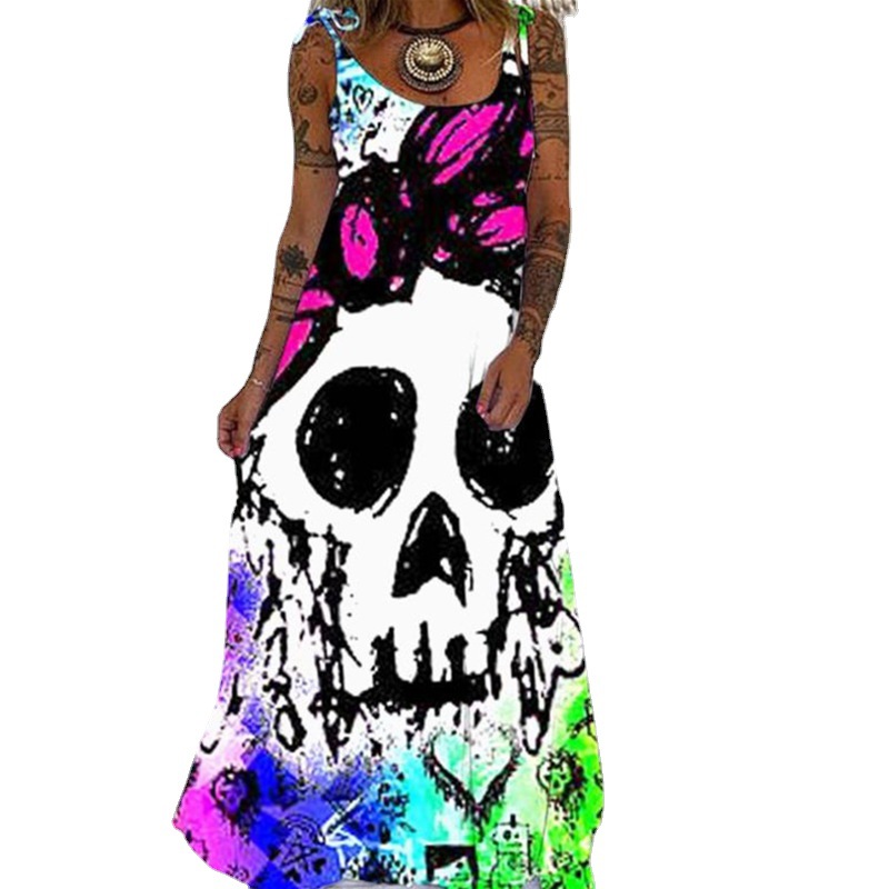 Women's Regular Dress Punk U Neck Printing Flower Skull Maxi Long Dress Holiday Street display picture 1