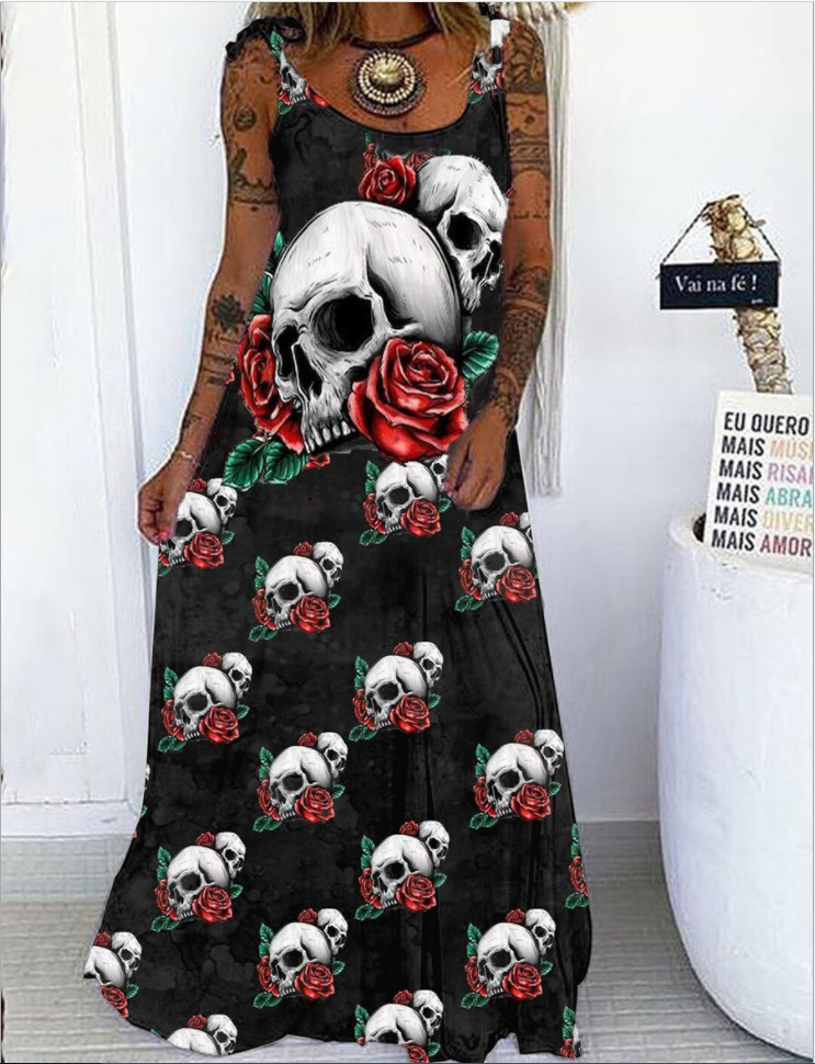 Women's Regular Dress Punk U Neck Printing Flower Skull Maxi Long Dress Holiday Street display picture 4