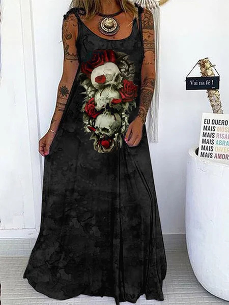Women's Regular Dress Punk U Neck Printing Flower Skull Maxi Long Dress Holiday Street display picture 3