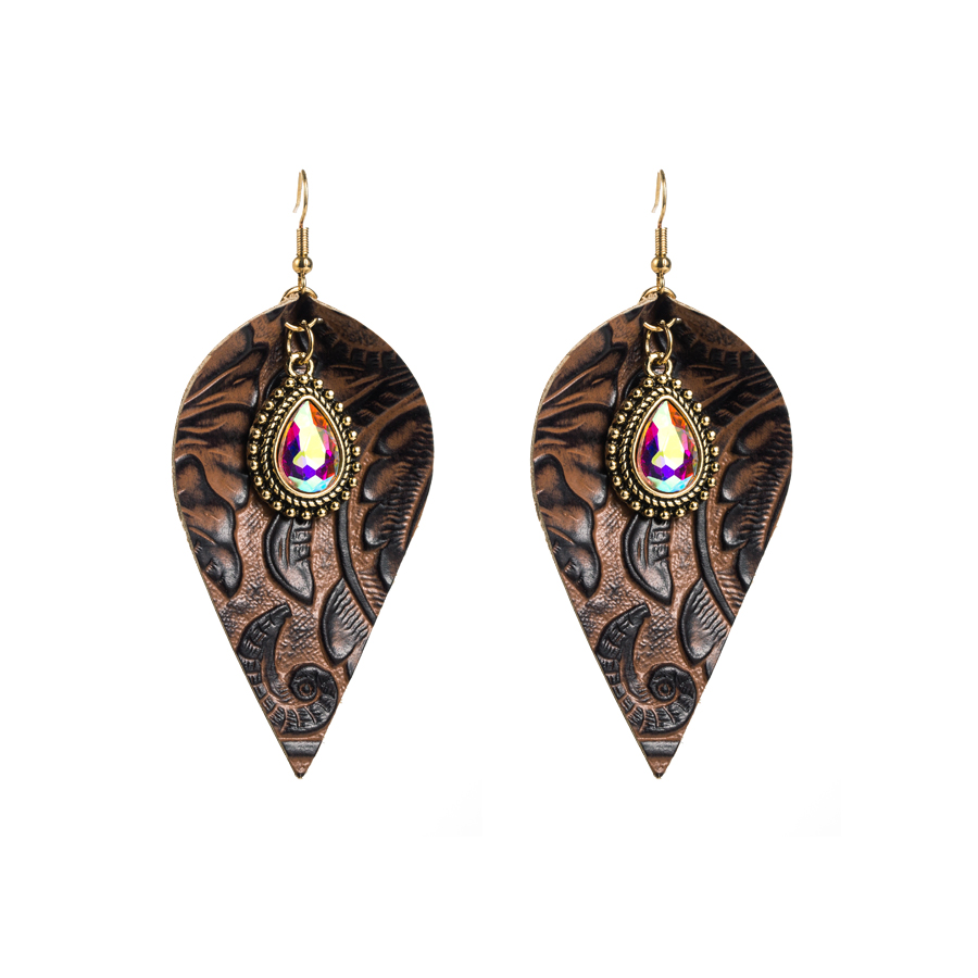 1 Pair Retro Exaggerated Leaves Water Droplets Inlay Pu Leather Glass Drill Drop Earrings display picture 7