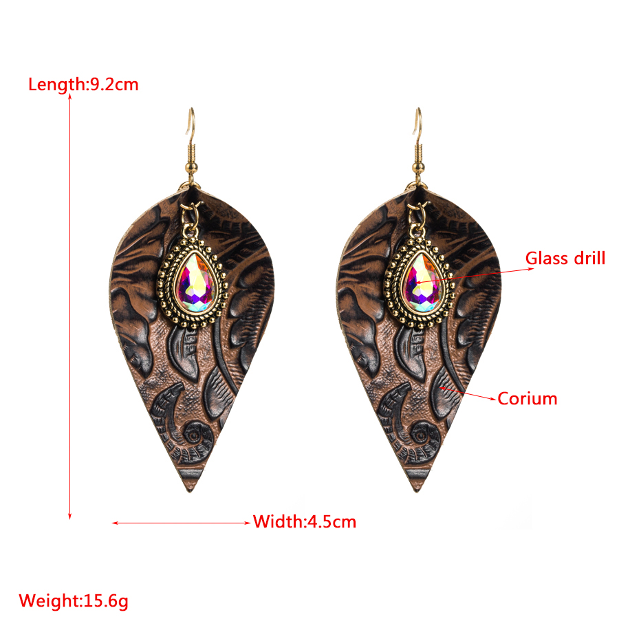 1 Pair Retro Exaggerated Leaves Water Droplets Inlay Pu Leather Glass Drill Drop Earrings display picture 1