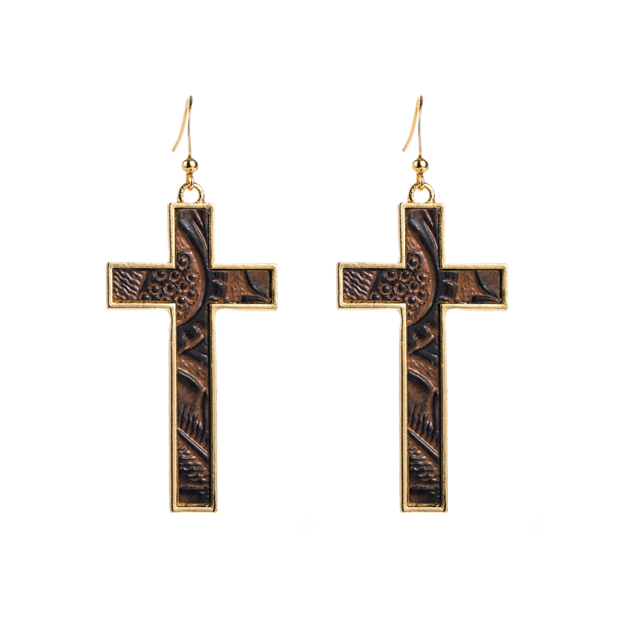 1 Pair Simple Style Cross Leopard Plating Pu Leather Alloy Gold Plated Drop Earrings display picture 6