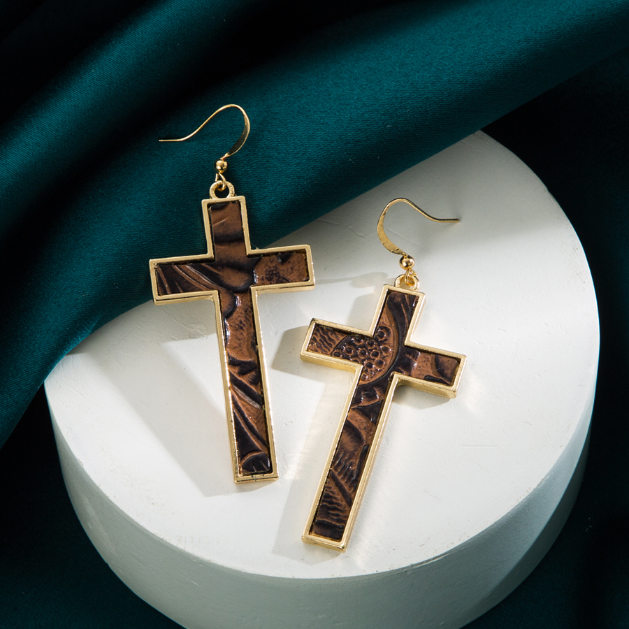 1 Pair Simple Style Cross Leopard Plating Pu Leather Alloy Gold Plated Drop Earrings display picture 3