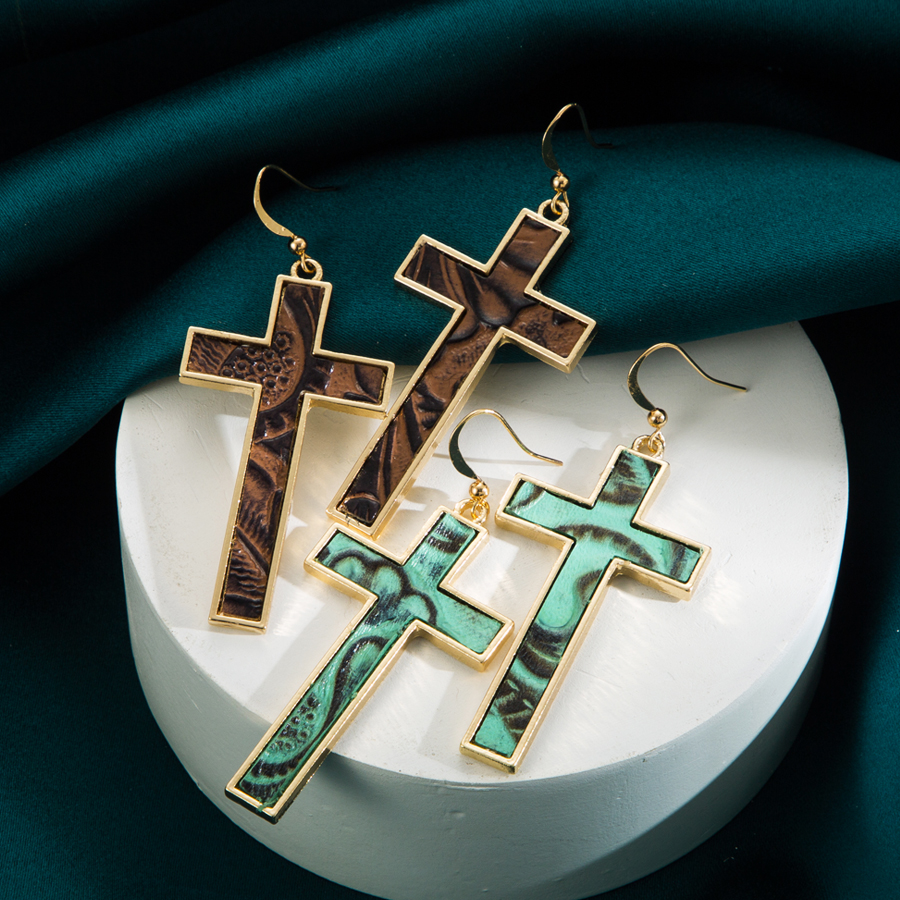 1 Pair Simple Style Cross Leopard Plating Pu Leather Alloy Gold Plated Drop Earrings display picture 2