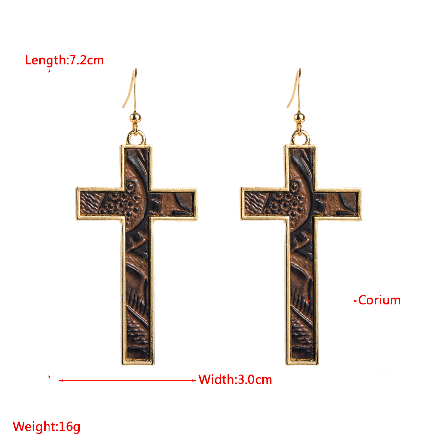 1 Pair Simple Style Cross Leopard Plating Pu Leather Alloy Gold Plated Drop Earrings display picture 1