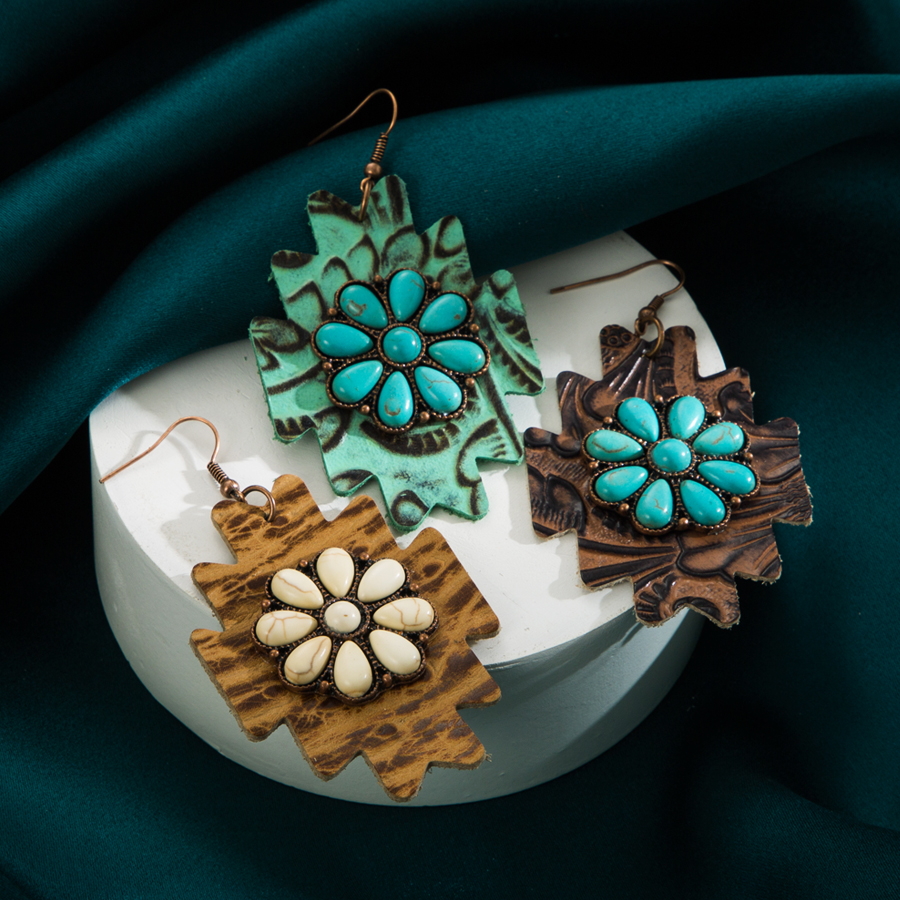 Bijoux En Gros 1 Paire Style Ethnique Fleur Cuir Turquoise Boucles D'oreilles display picture 2