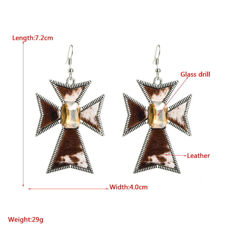 Wholesale Jewelry 1 Pair Retro Cross Pu Leather Alloy Glass Silver Plated Drop Earrings display picture 1