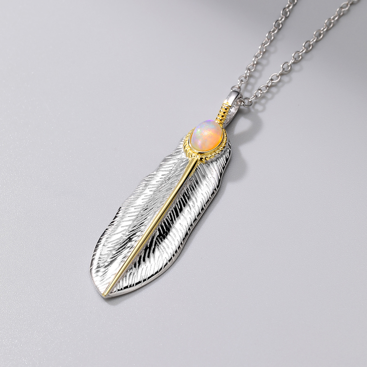 Vintage Style Oval Feather Sterling Silver Plating Inlay Artificial Gemstones 18k Gold Plated Pendant Necklace display picture 18