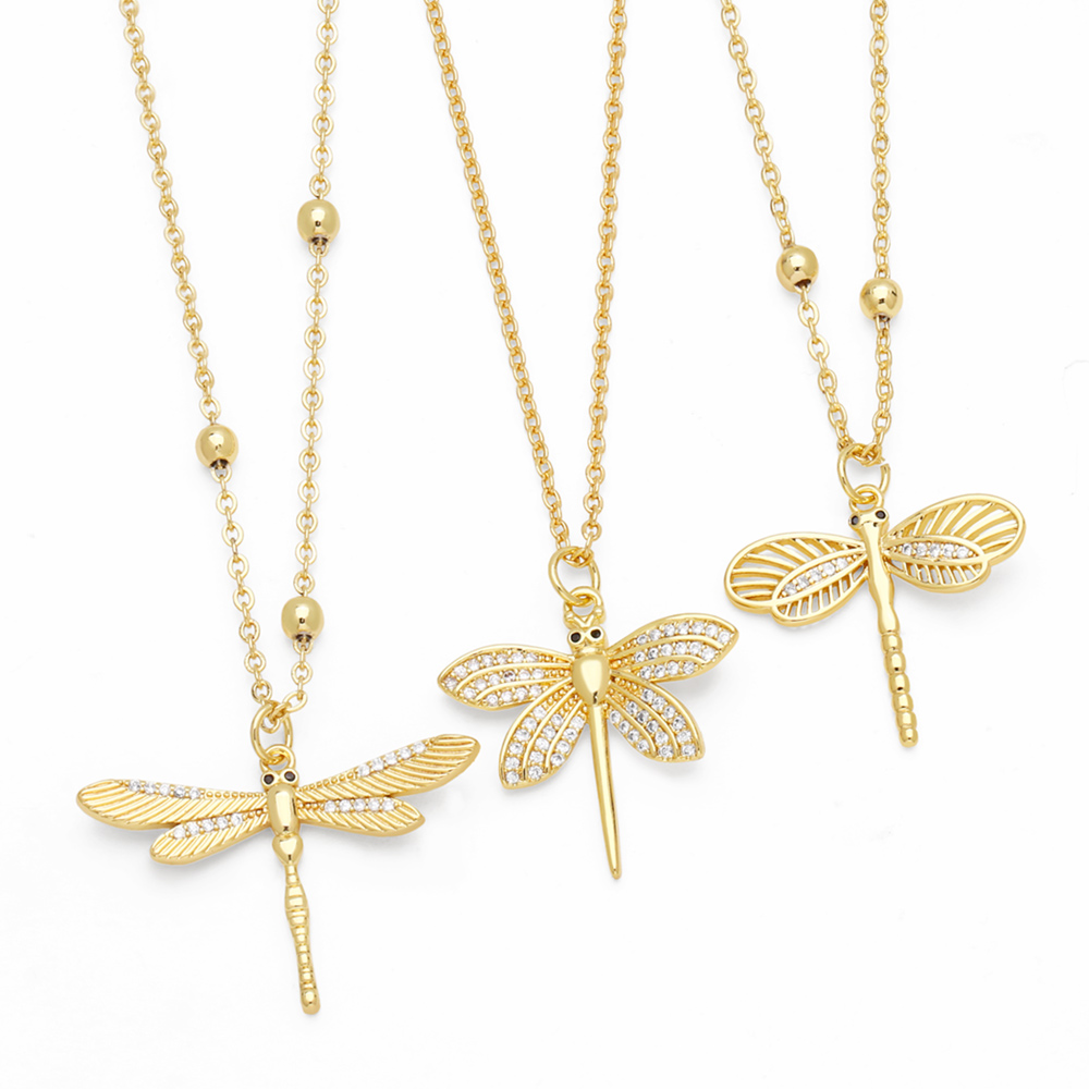 Japanese Style Dragonfly Copper Plating Inlay Zircon 18k Gold Plated Pendant Necklace display picture 2