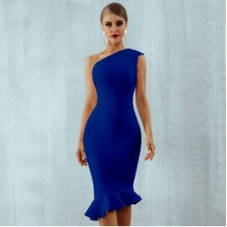 Women's Ruffled Skirt Bodycon Dress Trumpet Dress Elegant Simple Style Oblique Collar Ruffle Hem Sleeveless Solid Color Midi Dress Party Street Cocktail Party display picture 8