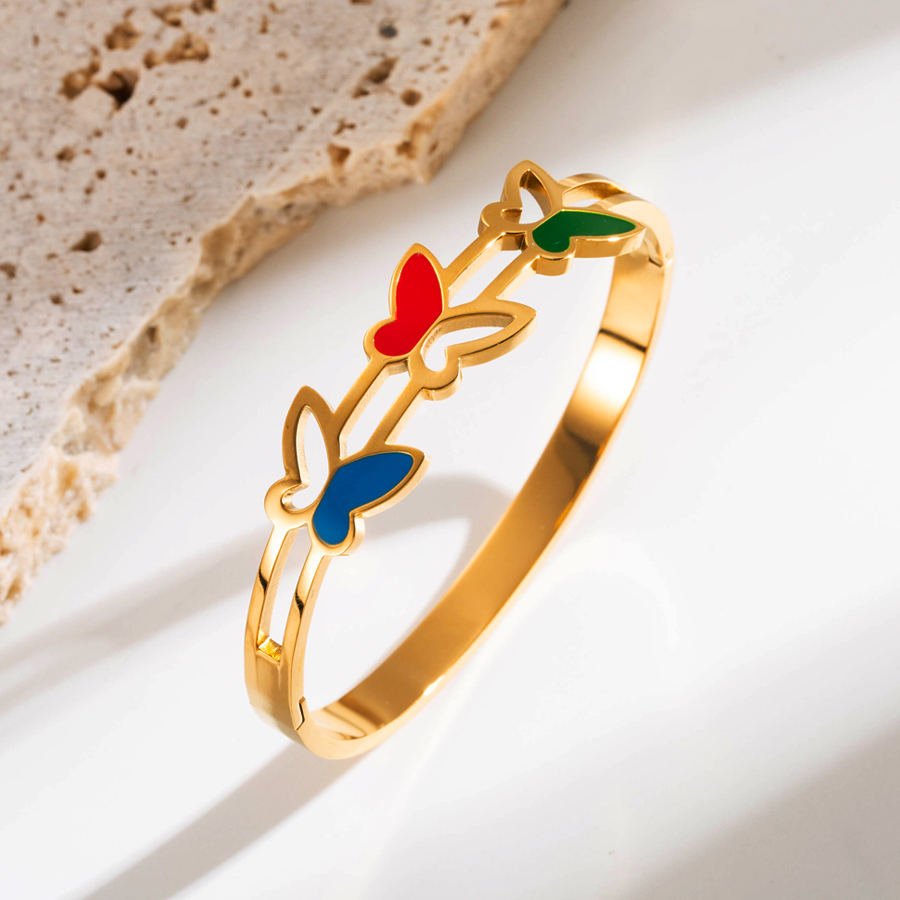 Elegant Devil's Eye Butterfly Stainless Steel Enamel Plating Inlay Zircon Gold Plated Bangle display picture 2