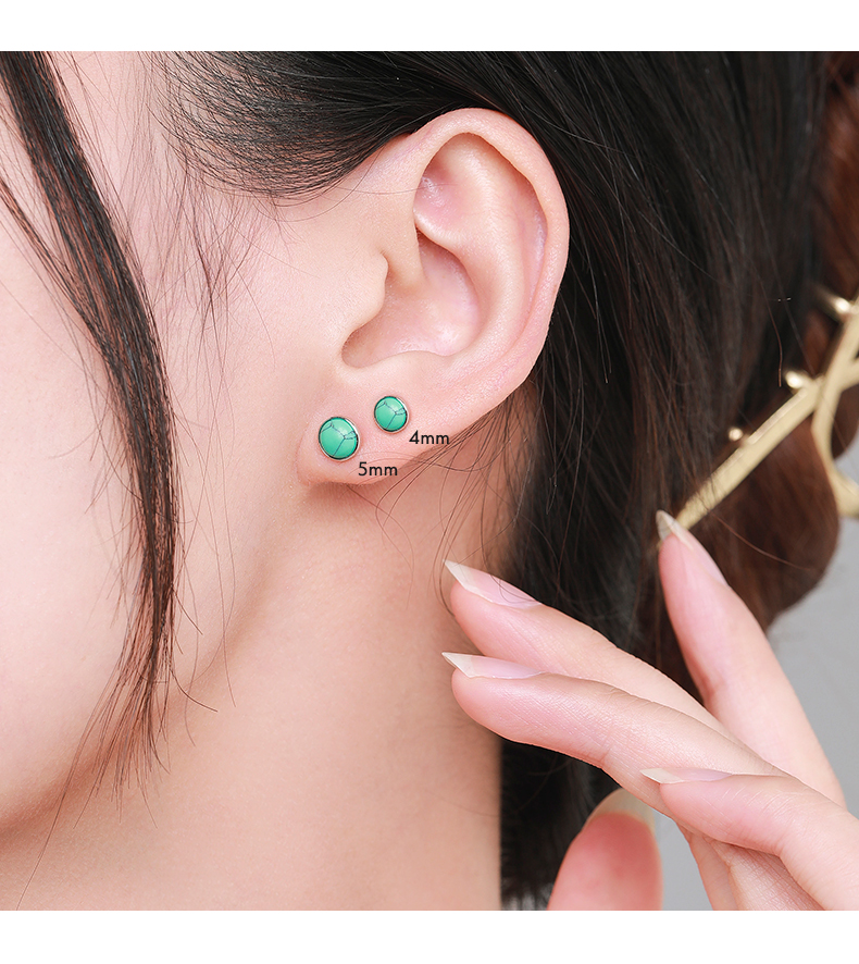 1 Pair Vintage Style Round Sterling Silver Plating Inlay Turquoise Rhodium Plated Ear Studs display picture 3
