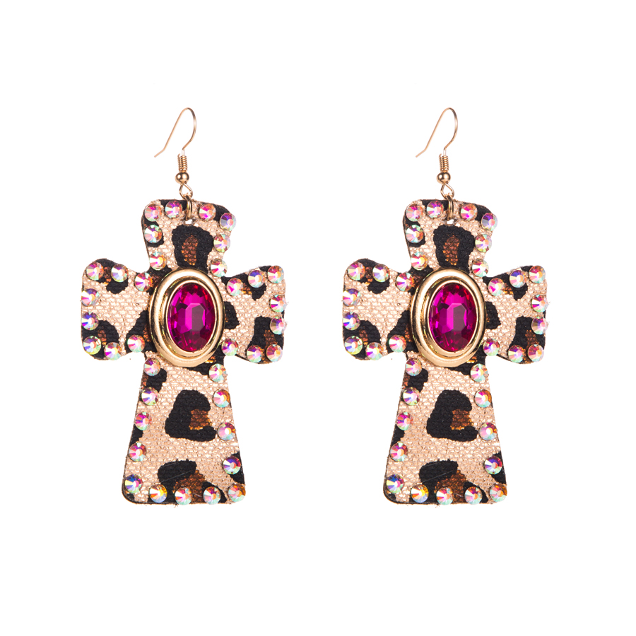 Elegant Retro Cross Leopard Alloy Leather Inlay Rhinestones Glass Women's Drop Earrings display picture 7