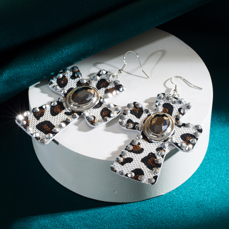 Elegant Retro Cross Leopard Alloy Leather Inlay Rhinestones Glass Women's Drop Earrings display picture 4