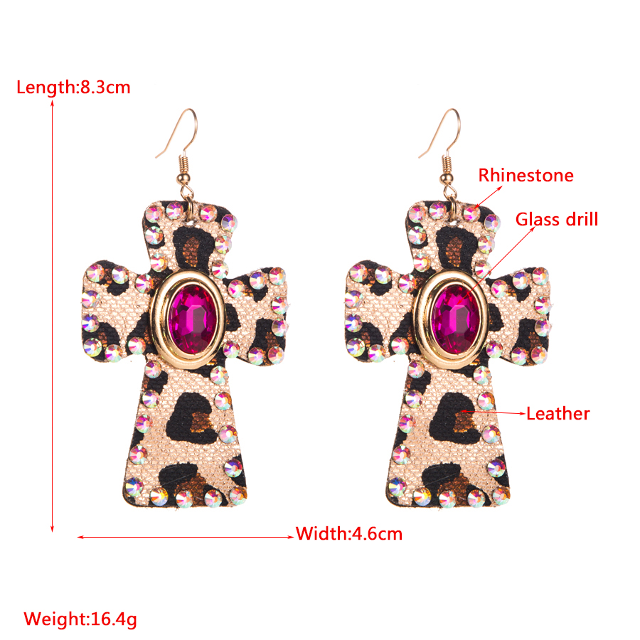 Elegant Retro Cross Leopard Alloy Leather Inlay Rhinestones Glass Women's Drop Earrings display picture 1