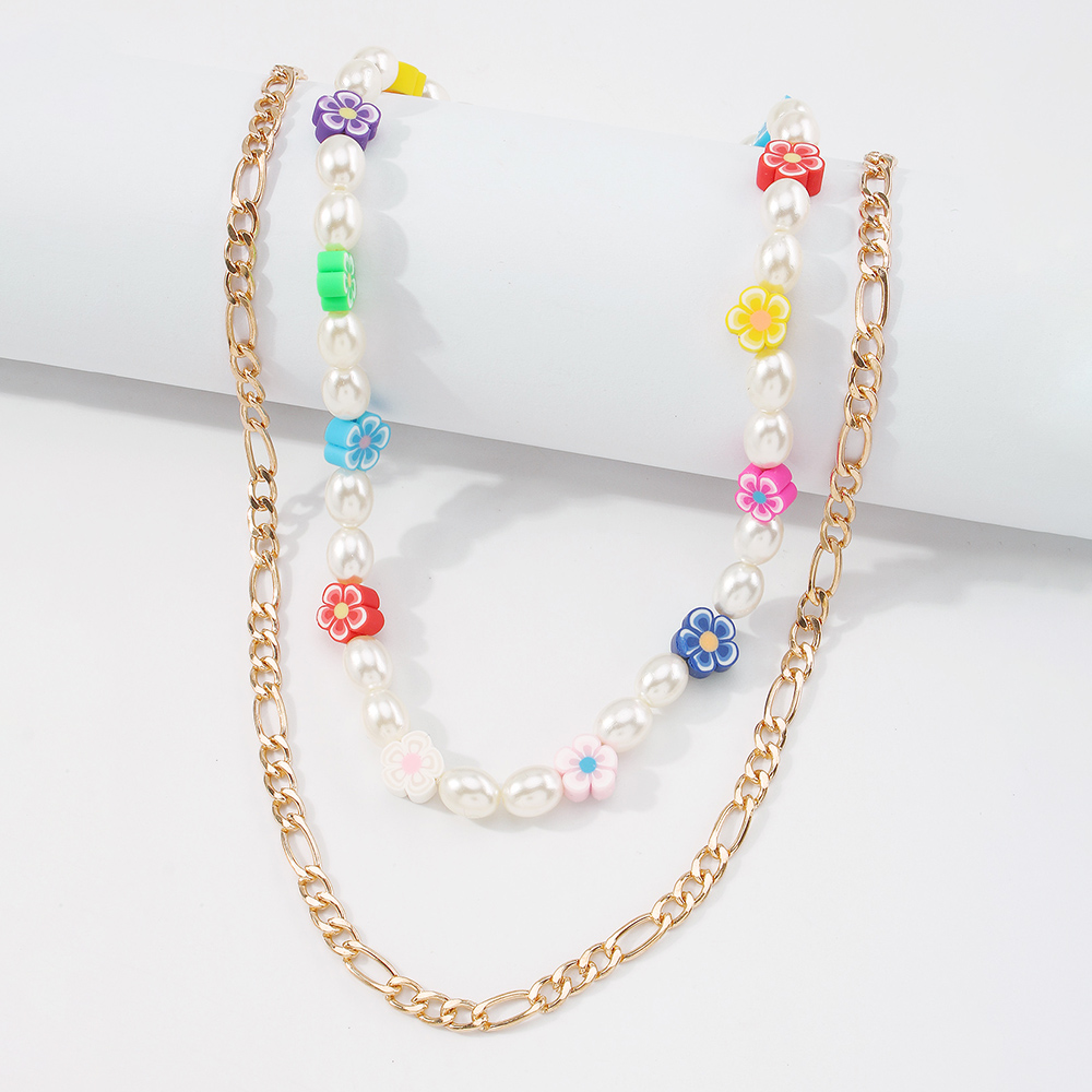 Hawaiian Vacation Bohemian Flower Imitation Pearl Alloy Soft Clay Beaded Layered Women's Layered Necklaces display picture 6