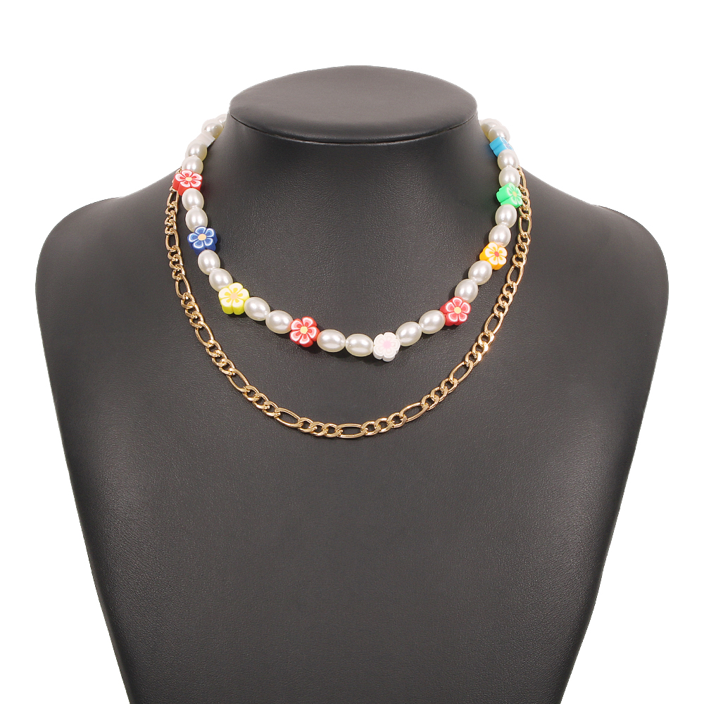 Hawaiian Vacation Bohemian Flower Imitation Pearl Alloy Soft Clay Beaded Layered Women's Layered Necklaces display picture 10