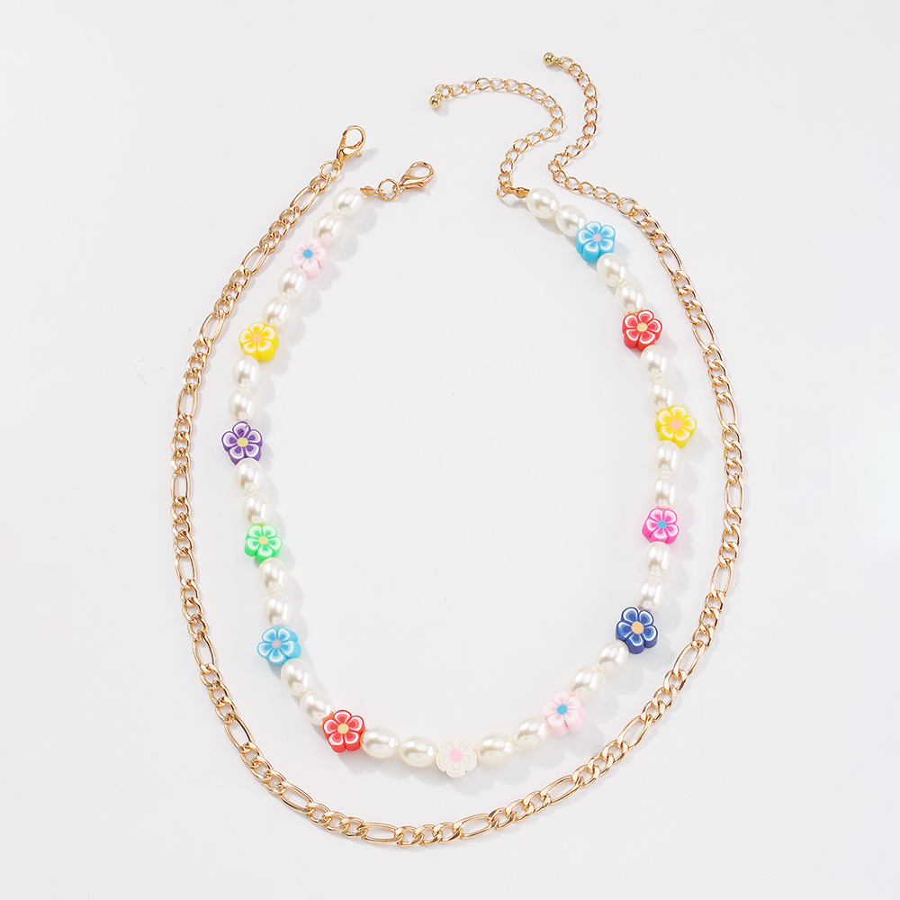 Hawaiian Vacation Bohemian Flower Imitation Pearl Alloy Soft Clay Beaded Layered Women's Layered Necklaces display picture 7