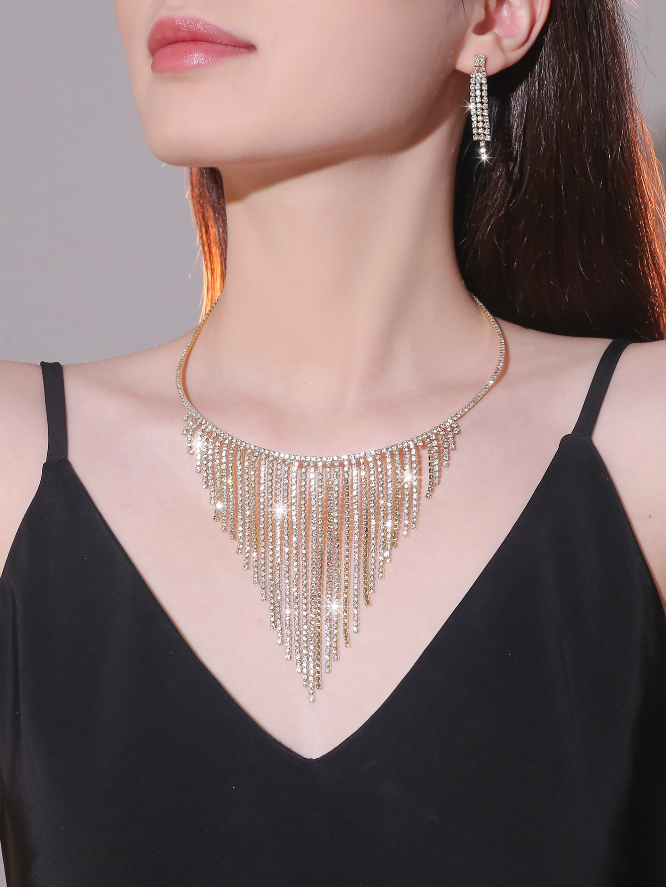 Luxurious Tassel Metal Inlay Rhinestones Women's Earrings Necklace display picture 1