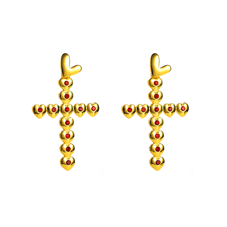 Wholesale Jewelry 1 Pair Sweet Cross Heart Shape Alloy Rhinestones Gold Plated Drop Earrings display picture 6