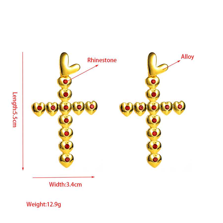 Wholesale Jewelry 1 Pair Sweet Cross Heart Shape Alloy Rhinestones Gold Plated Drop Earrings display picture 1