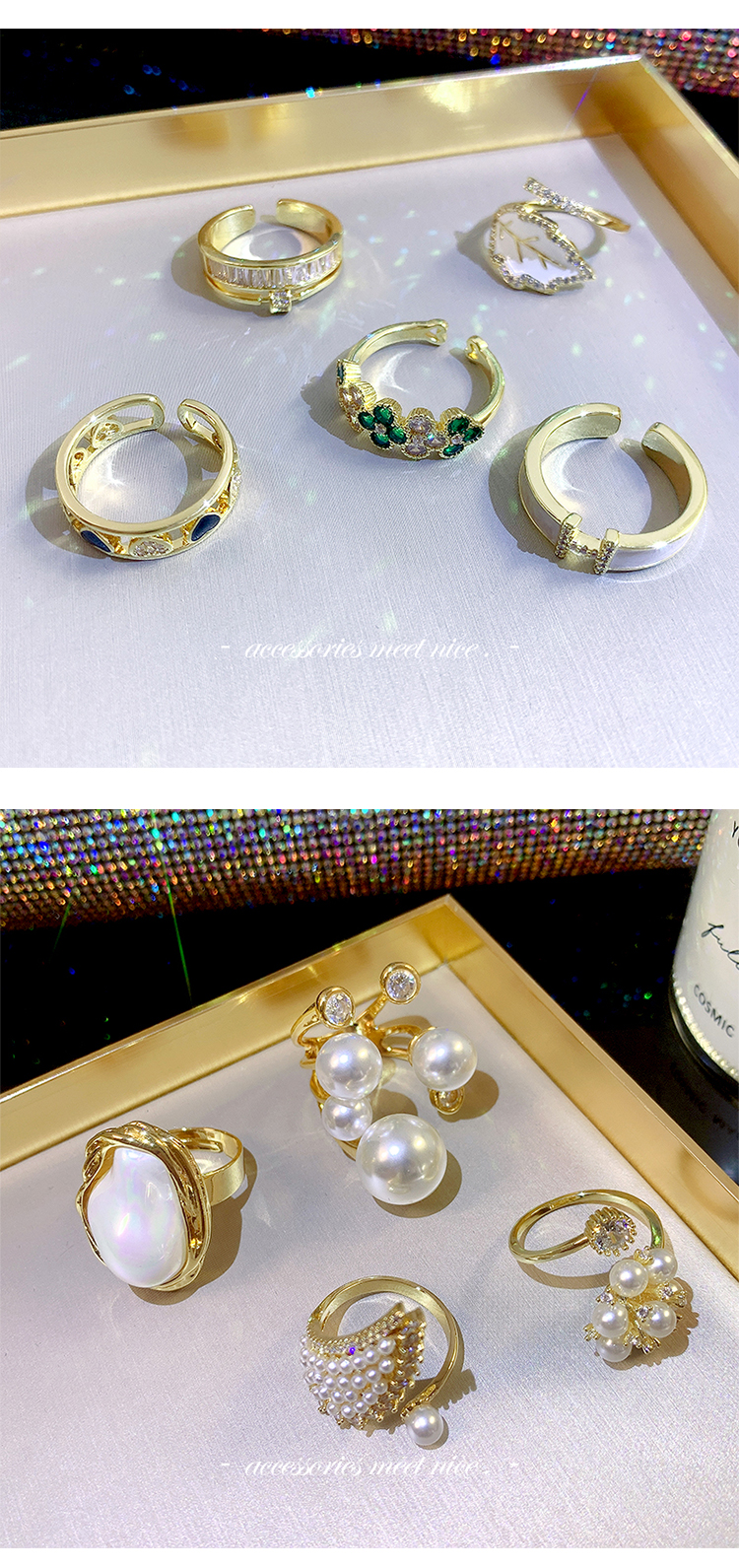 Elegante Geométrico Aleación Cobre Embutido Perlas Artificiales Diamantes De Imitación Chapado En Oro De 14 Quilates. Anillo Abierto display picture 1