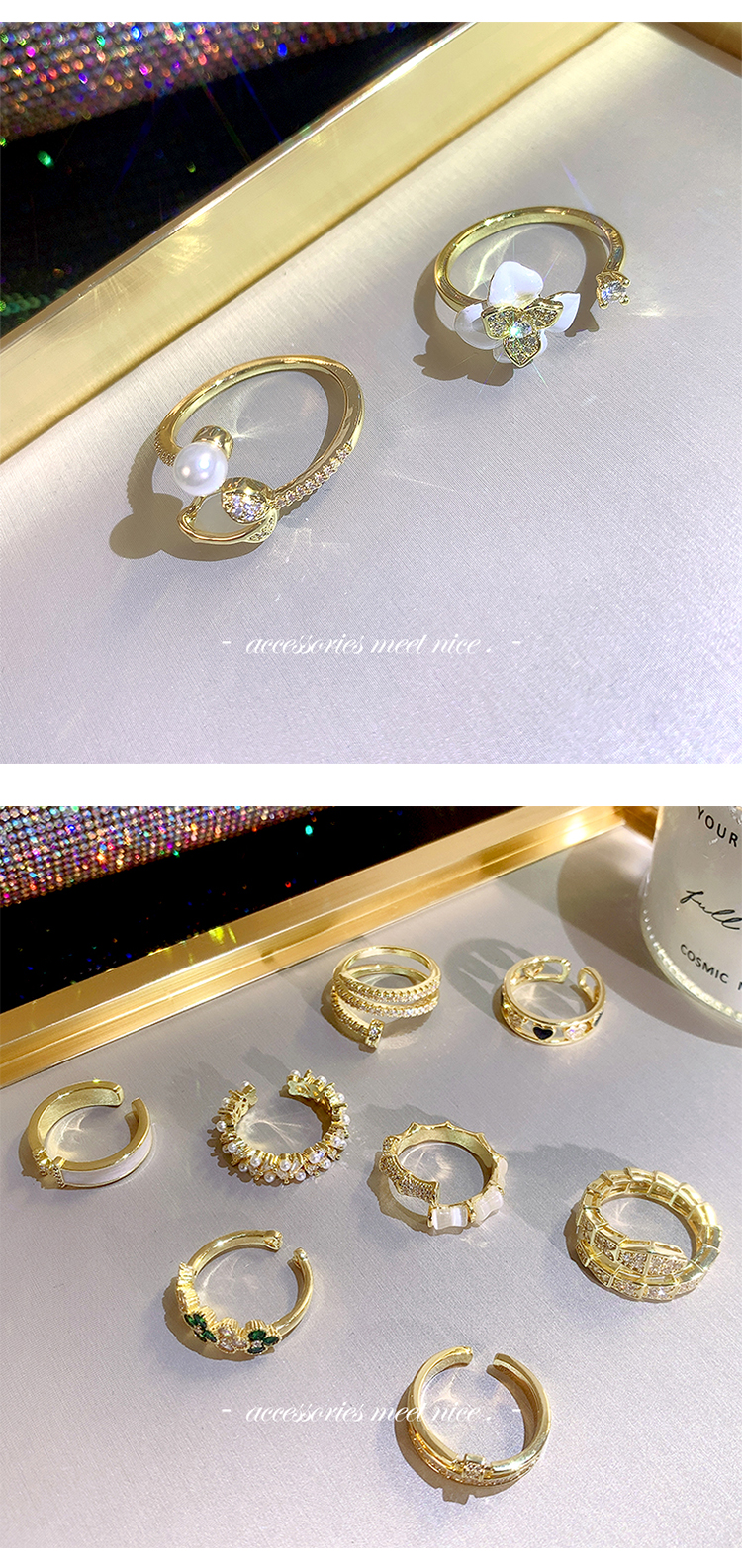 Elegante Geométrico Aleación Cobre Embutido Perlas Artificiales Diamantes De Imitación Chapado En Oro De 14 Quilates. Anillo Abierto display picture 2