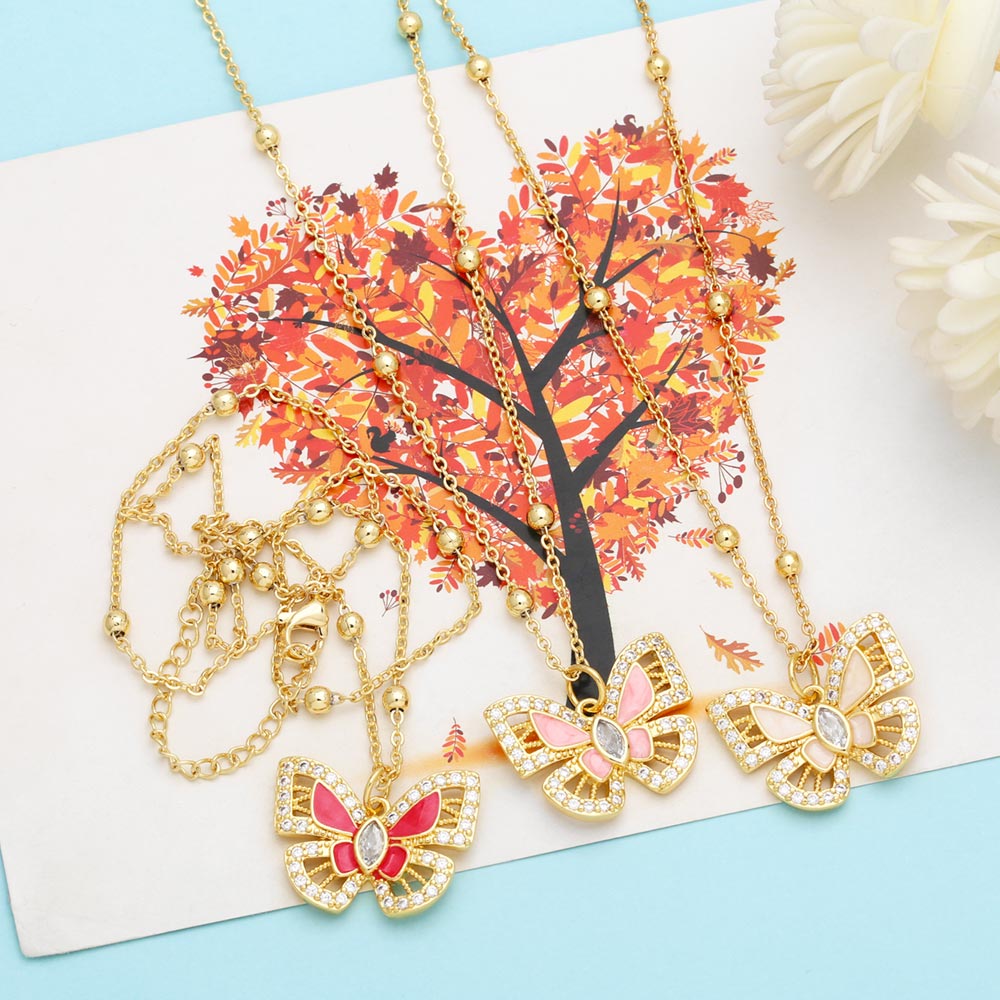 Ins Style Butterfly Copper Enamel Plating Inlay Zircon 18k Gold Plated Pendant Necklace display picture 9