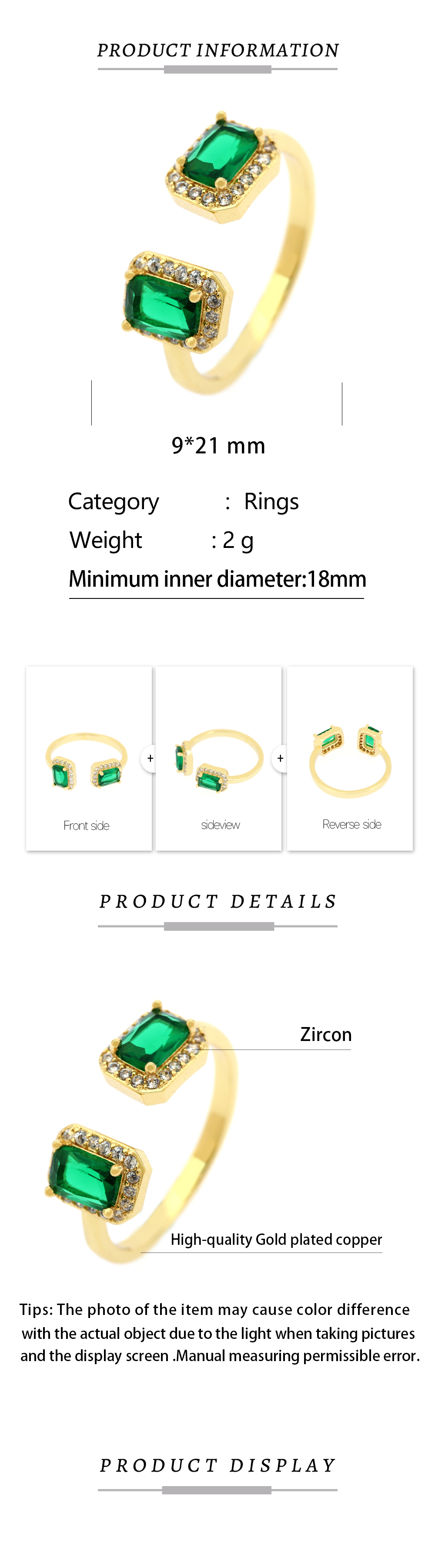 Kupfer 18 Karat Vergoldet IG-Stil Süss Pendeln Inlay Quadrat Zirkon Offener Ring display picture 1