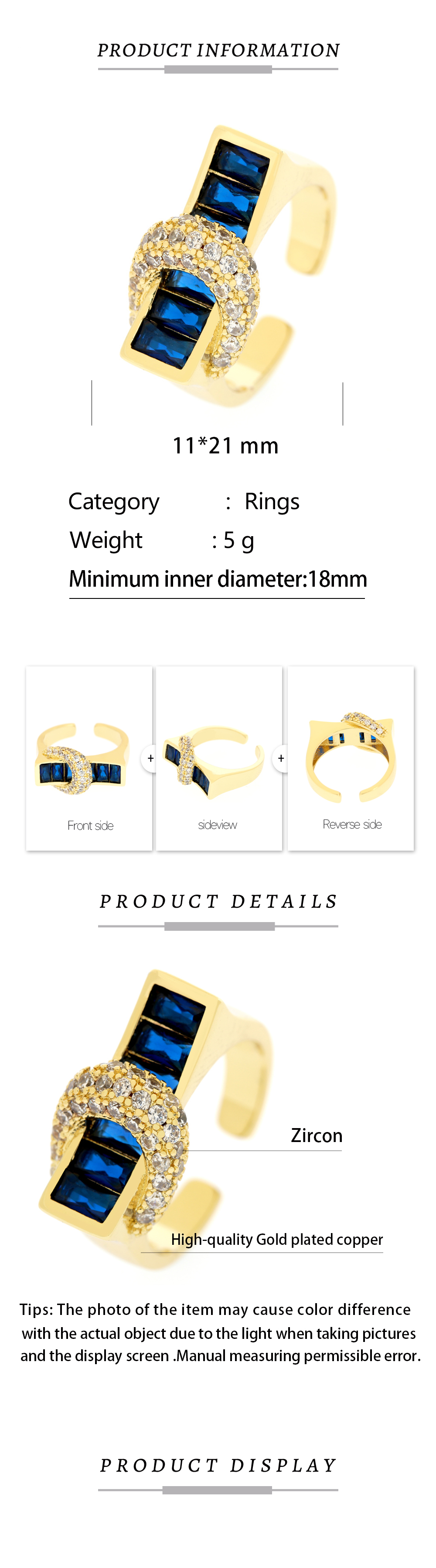 Copper 18K Gold Plated IG Style Hip-Hop Commute Inlay Buckle Zircon Open Rings display picture 1