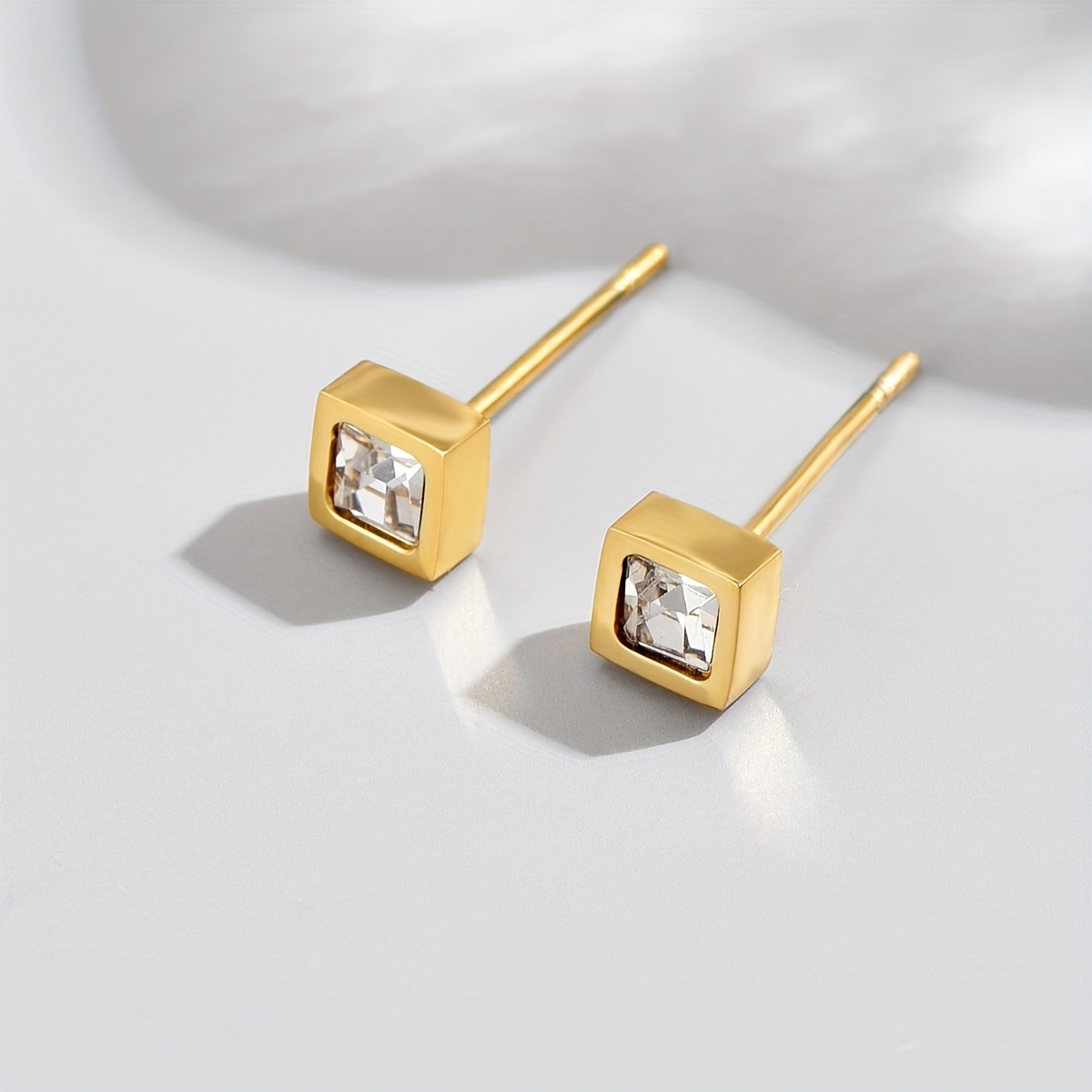 1 Paire Style Simple Carré Placage Incruster Acier Inoxydable 304 Zircon Plaqué Or 14K Boucles D'Oreilles display picture 2