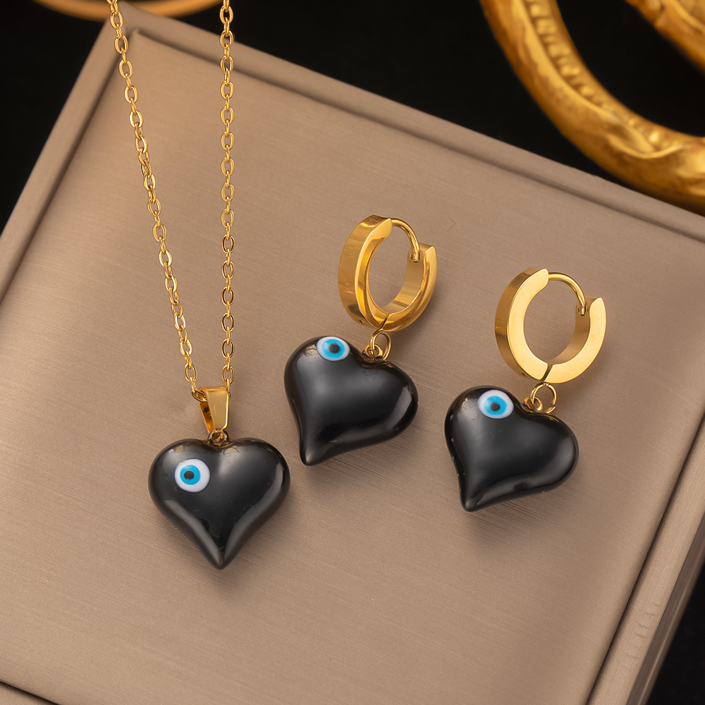304 Stainless Steel 18K Gold Plated Artistic Enamel Plating Heart Shape Eye Earrings Necklace display picture 1